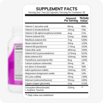 For Conceive Plus Maximum Fertility Bundle, supplement facts panel for women’s fertility support capsules, showing a comprehensive blend of vitamins and minerals including folate, vitamin D, B-complex, zinc, iodine, and a Conception Blend (Inositol, L-Arginine, Taurine) to support female reproductive health and hormonal balance.