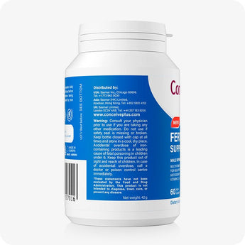 For Conceive Plus Motility Booster Bundle, side label of Men’s Fertility Support supplement showing distributor details for USA, UK, and Asia, along with product warnings, storage instructions, and FDA disclaimer on a blue background with white text.