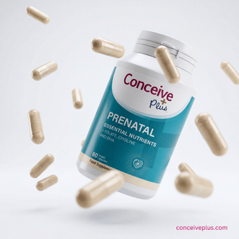 Conceive Plus prenatal supplement bottle with capsules on a light gray background
